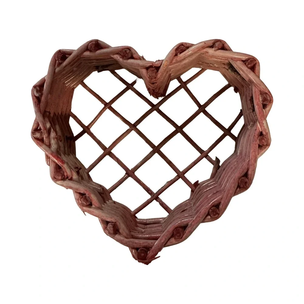 Vintage Pink Woven Wicker Heart Basket Lattice Wall Decor 8x7 Cottagecore